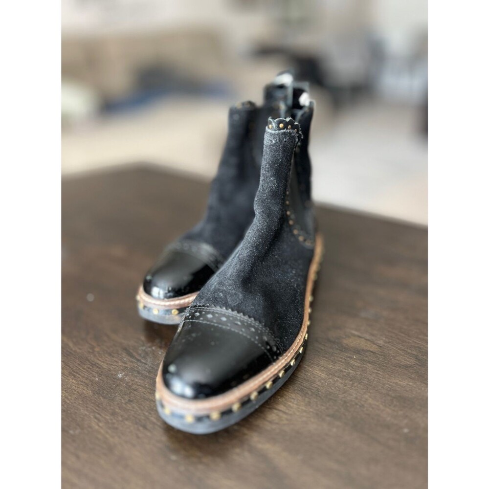 Free People Atlas Chelsea 7/7.5 Black Suede & Patent Leather Studded Ankle Boots